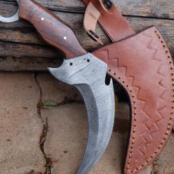 Couteau Karambit Lame Damas 256 Couches Manche Bois Etui Cuir Tactical Urban Collection F Artisanale