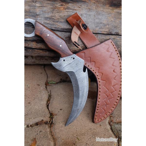 Couteau Karambit Lame Damas 256 Couches Manche Bois Etui Cuir Tactical Urban Collection F Artisanale