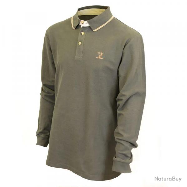 Polo brodé manches longues 3 boutons coton piqué kaki S à 3XL XL