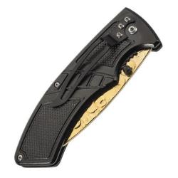 Couteau lame acier doré tête de mort manche bois acier 12cm