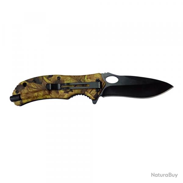 Couteau de chasse pliant lame acier inox noire 9cm forest kaki