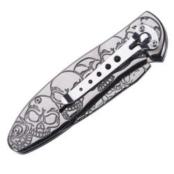 Couteau titane lame acier 420 tête de mort manche inox 11,5cm
