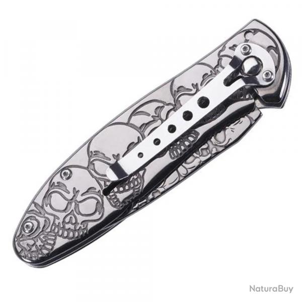 Couteau titane lame acier 420 tte de mort manche inox 11,5cm