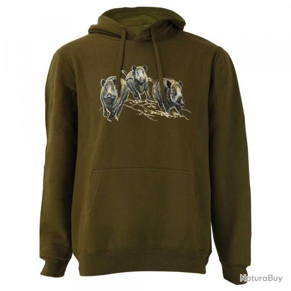 Sweat  capuche 3 sangliers coton polyester kaki M  3XL L