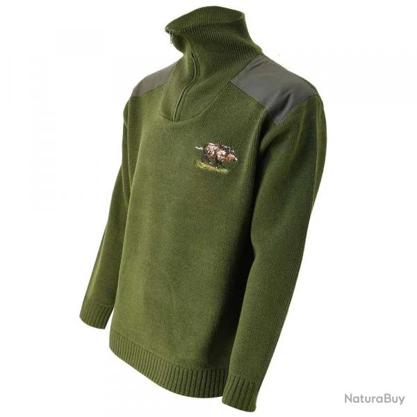 Pull col zipp Camionneur sanglier laine acrylique kaki S  3XL XL