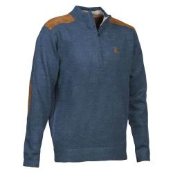 Pull Fox zippé bleu acrylique laine empiècements suédine L