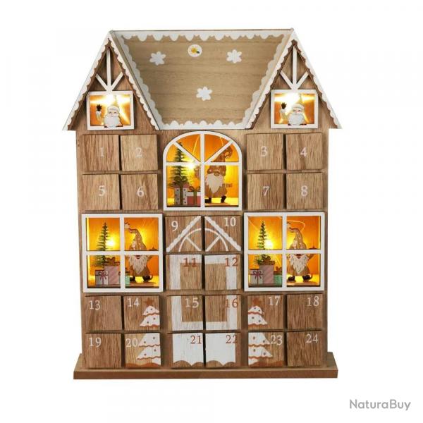 Calendrier de l'avent en bois lumineux maison 24 tiroirs