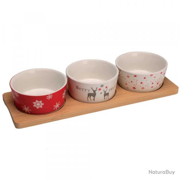 3 bols porcelaine Nol 8x4cm + plateau bambou 29x12cm