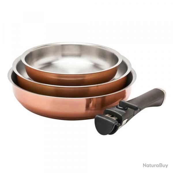 Set 3 poles acier inox 20/24/26cm + manche amovible 496-816g