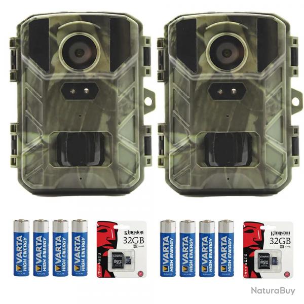 Lot de 2 caméras chasse 12 MP camouflage LEDs invisibles + 16 piles + 2 cartes SD