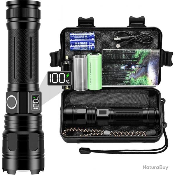 Lampe Torche LED 500000 Lumens Batterie 5000mAh Ultra Puissante IP67 tanche Zoomable 5 Modes