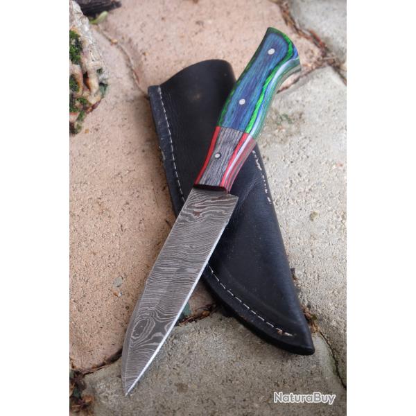 Couteau Skinner Damas Lame wharncliffe Acier 256 Couches Manche 2 Bois Etui Cuir Fabr Artisanale 01