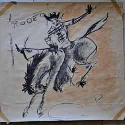 VINTAGE 1960 - WESTERN COWBOY RODÉO FAR WEST ancien dessin original pour BILLY CALLAWAY