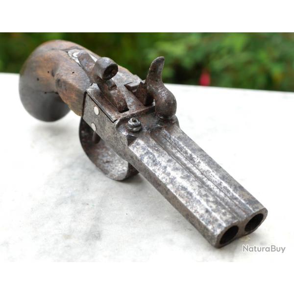 Pistolet coffre à double canon à percussion calibre 11 mm  - XIX vente en l'état -  ref IFS25BUL002