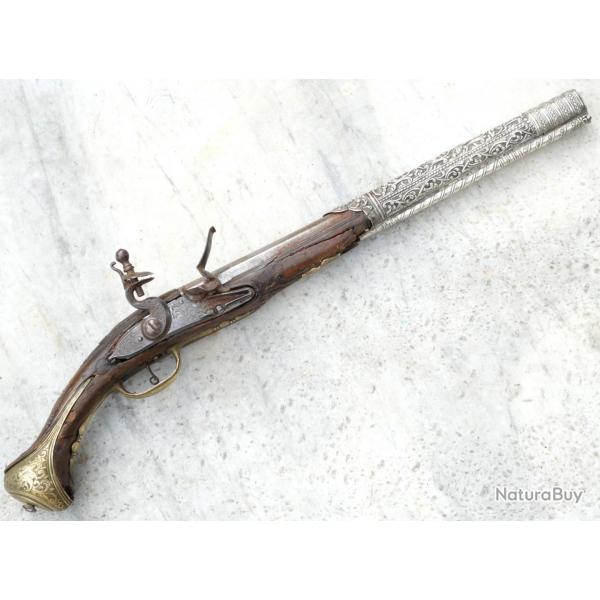 GUERRE EMPIRE pistolet ARGENT d'arçon silex Mameluk Mamelouk OTTOMAN époque XVIIIème ref FTN25PST001