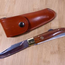 Couteau pliant de chasse ancien DAVID 2 pièces à POMPE INOX étui cuir PROCHE NEUF