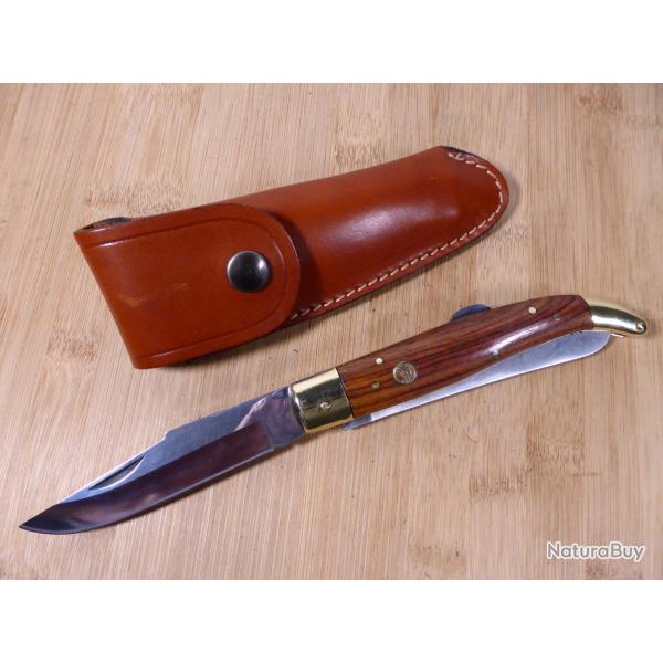 Couteau pliant de chasse ancien DAVID 2 pièces à POMPE INOX étui cuir PROCHE NEUF