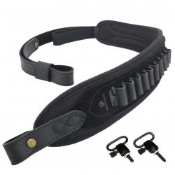 Sangle Fusil Porte-Coquilles Cuir Rembourré + Emerillons Porte-Munitions Réglable Noir