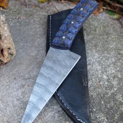 Couteau De Cuisine & Rando Lame Acier Damas 256 Couches Manche Bois 3D Etui Cuir Fabric Artisanale