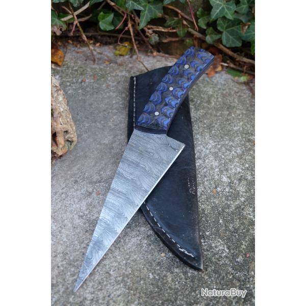 Couteau De Cuisine & Rando Lame Acier Damas 256 Couches Manche Bois 3D Etui Cuir Fabric Artisanale