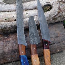 Lot de 3 Couteaux Cuisine Style Japonais Lame Acier Damas 256 Couches Manche Bois Fab Artisanale001