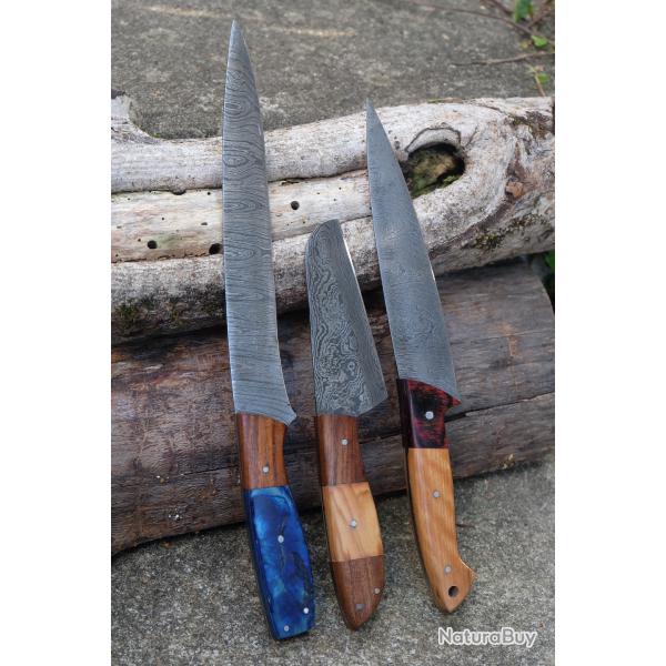 Lot de 3 Couteaux Cuisine Style Japonais Lame Acier Damas 256 Couches Manche Bois Fab Artisanale001