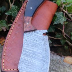 Couteau Skinner Butcher Damas Lame Acier 256 Couches Manche Micarta & Bois Etui Cuir Fab Artisanale