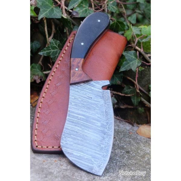 Couteau Skinner Butcher Damas Lame Acier 256 Couches Manche Micarta & Bois Etui Cuir Fab Artisanale