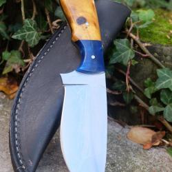 Couteau de Survie Bushcraft Lame Acier Carbone 1055 Manche Bois Etui Cuir Fabricat Artisanale