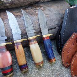 LOT DE 4 Couteau Skinner Damas Lame 256 Couches Manche 2Bois & 2Os Fabric Artisanale Etui Cuir