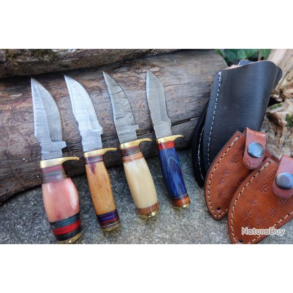 LOT DE 4 Couteau Skinner Damas Lame 256 Couches Manche 2Bois & 2Os Fabric Artisanale Etui Cuir
