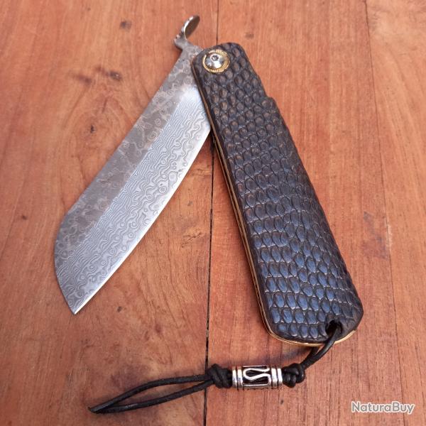Unique et Splendide Couteau HIGONOKAMI DAMAS Manche en Cuir