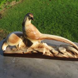 Ancienne grande sculpture en céramique vernissé représentant un couple de faisans - (Vers 1920-30)