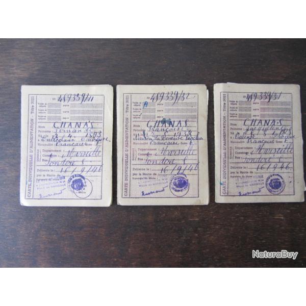 3 Cartes individuelles d'alimentation de 1946