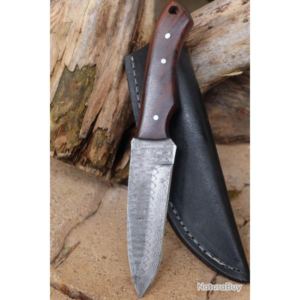 Couteau Skinner Damas Lame Drop Point Acier 256 Couches Manche Bois de Rose Etui Cuir Fabr Artisan01
