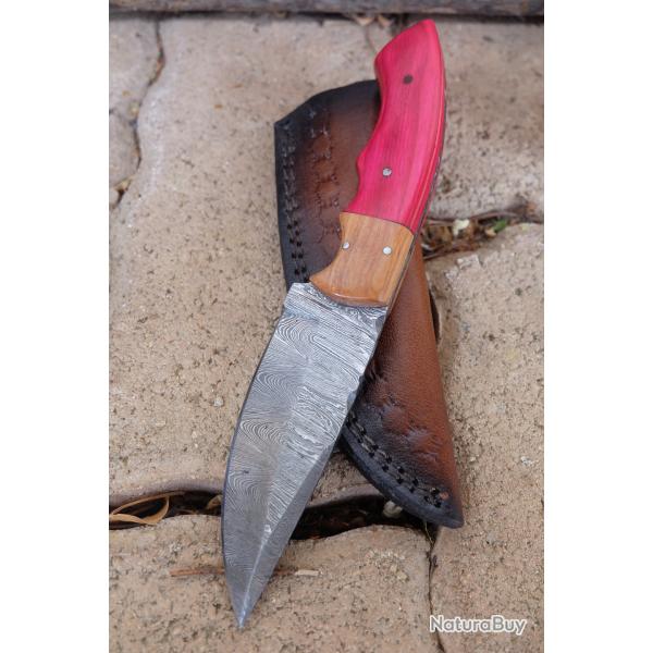 Couteau Bowie Damas Lame Acier 256 Couches Manche Bois Fushia Etui Cuir Fabric Artisanale