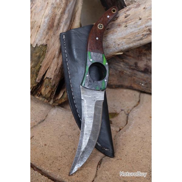 Couteau De Cuisine & Rando Lame Acier Damas 256 Couches Faon Huusk Etui Cuir Fabr Artisanale