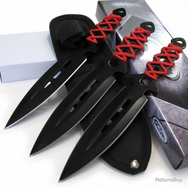 Lot de 3 Couteaux de Lancer Kunai Hazard Lame Dague Acier 3Cr13 Noir Manche Cordon Etui Nylon