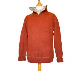 Pull tricoté orange zippé - Homme 100 % laine mérinos - tricoté en Irlande XL