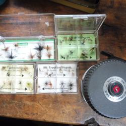 materiel de peche a la mouche moulinet mitchell 710  fly reel et 46 mouches flotantes