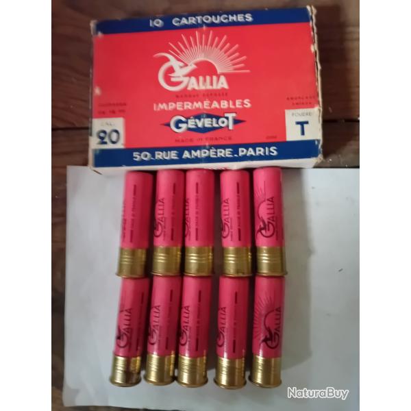 Boîte de10 belles cartouches anciennes cal 20 Chevrotines  GALLIA GEVELOT  douilles cartons