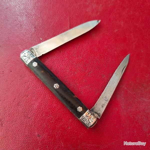 Ancien canif couteau de gentilhomme XIX 2 lames opposes caille Argent/acier