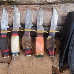LOT DE 6 Couteau Skinner Damas Lame 256 Couches Manche Os & Corne Bélier Fabric Artisanale Etui Cuir