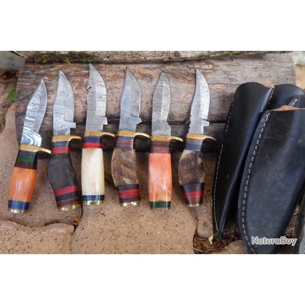 LOT DE 6 Couteau Skinner Damas Lame 256 Couches Manche Os & Corne Blier Fabric Artisanale Etui Cuir