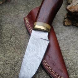 Puukko Couteau Damas Lame 256 Couches Manche Bois Fabric Artisanale Etui Cuir Nordic Style 001