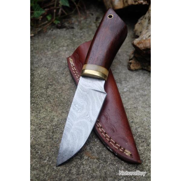 Puukko Couteau Damas Lame 256 Couches Manche Bois Fabric Artisanale Etui Cuir Nordic Style 001