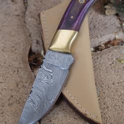 Couteau Skinner Damas Lame Drop Point Acier 256 Couches Manche Bois/Laiton Etui Cuir F Artisanale