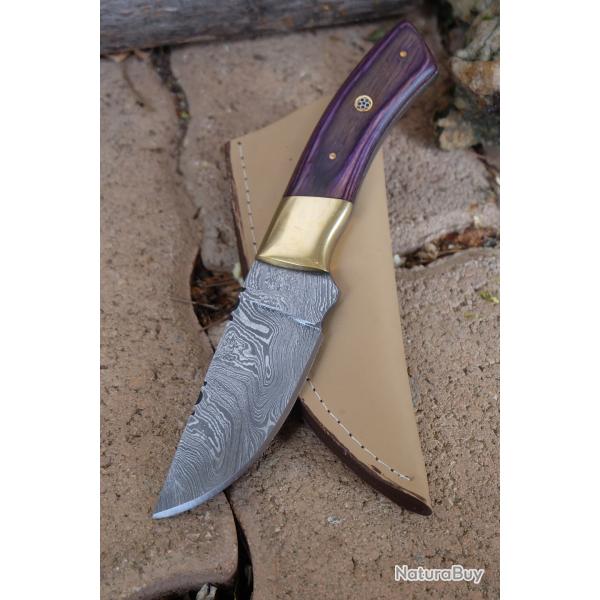 Couteau Skinner Damas Lame Drop Point Acier 256 Couches Manche Bois/Laiton Etui Cuir F Artisanale