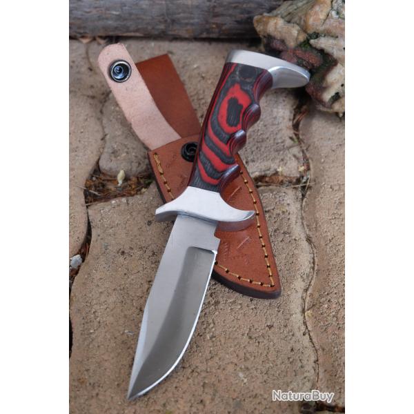 Poignard Couteau de Chasse Lame Acier Carbone 1055 Manche Bois/Acier Etui Cuir Fabric Artisananale A
