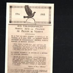 fort de vaux aux colombophiles mort pour la france , au pigeon de verdun , le dernier message
